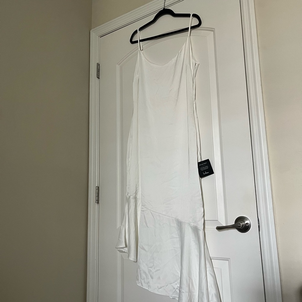 Lulu's White Asymmetrical Slip Dress with Spaghetti Straps